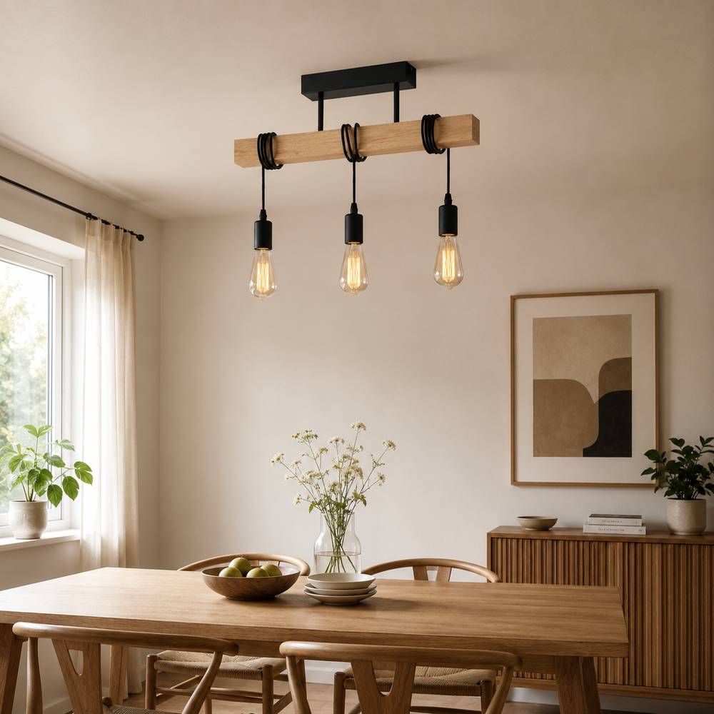 Suspension industrielle rectangulaire en bois, douille E27, vue 9