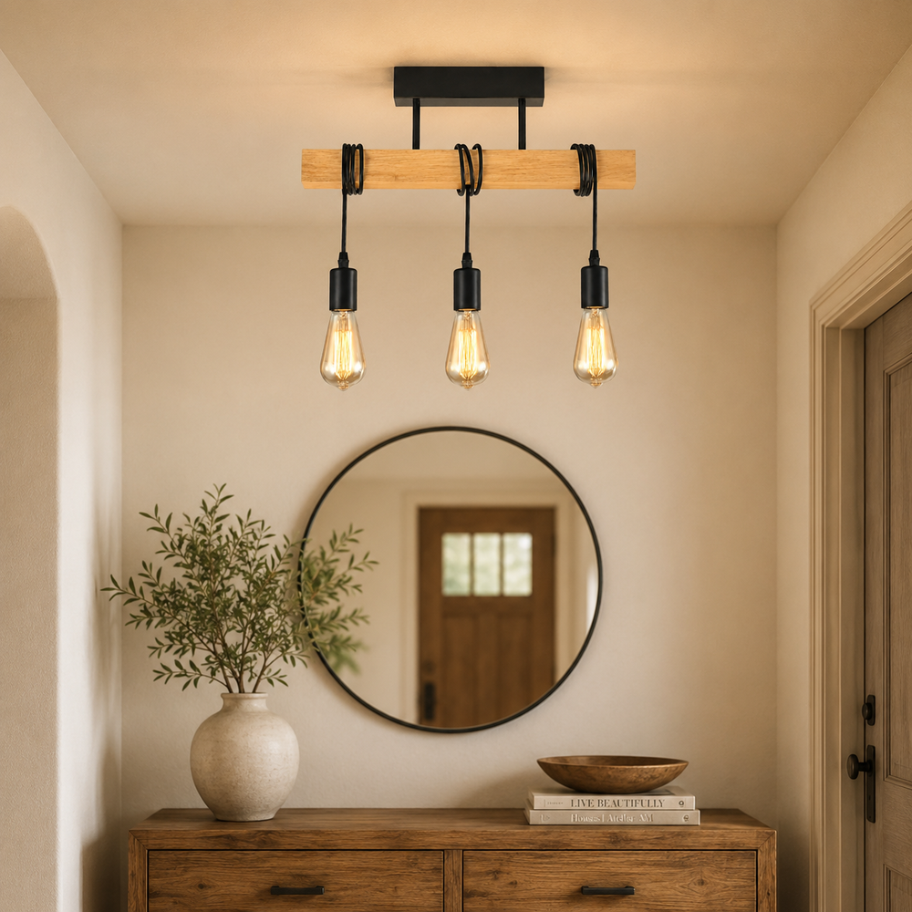Suspension industrielle rectangulaire en bois, douille E27, vue 4