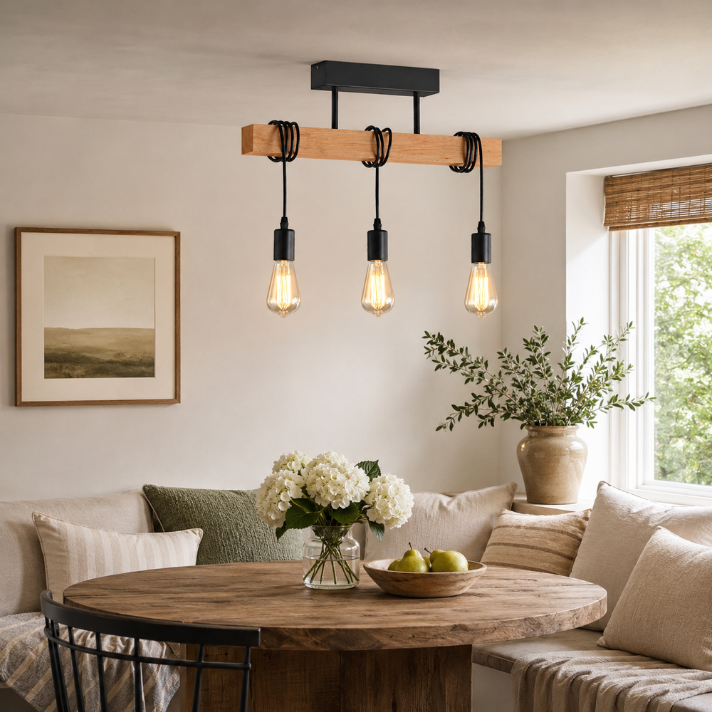 Suspension industrielle rectangulaire en bois, douille E27, vue 6