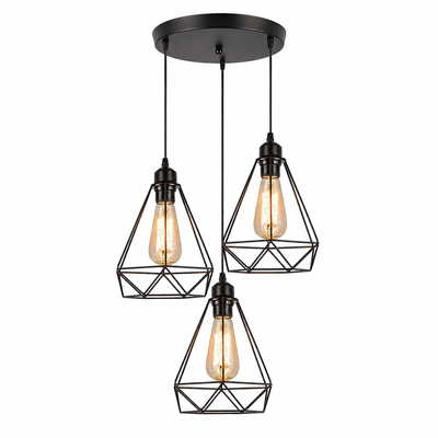 Suspension vintage 3 têtes, cage géométrique en métal