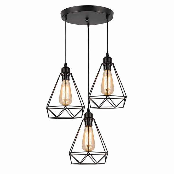 Suspension vintage 3 têtes, cage géométrique en métal