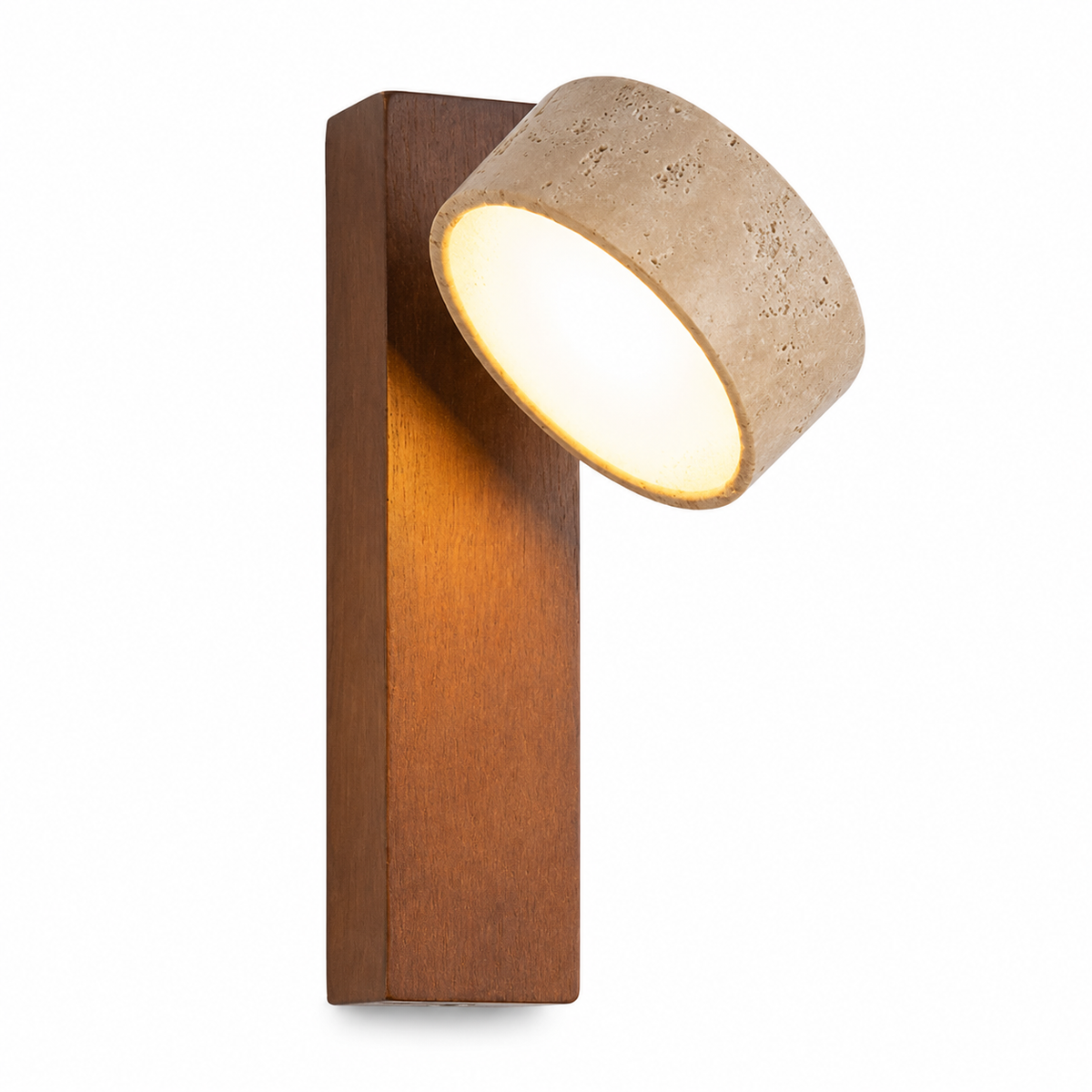 Applique Wabi-Sabi travertin et noyer, tête orientable