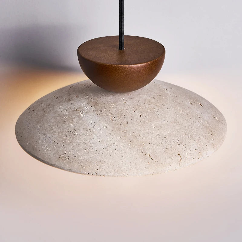 Suspension disque en travertin et bois, salle à manger, Ø 21 cm #noyer