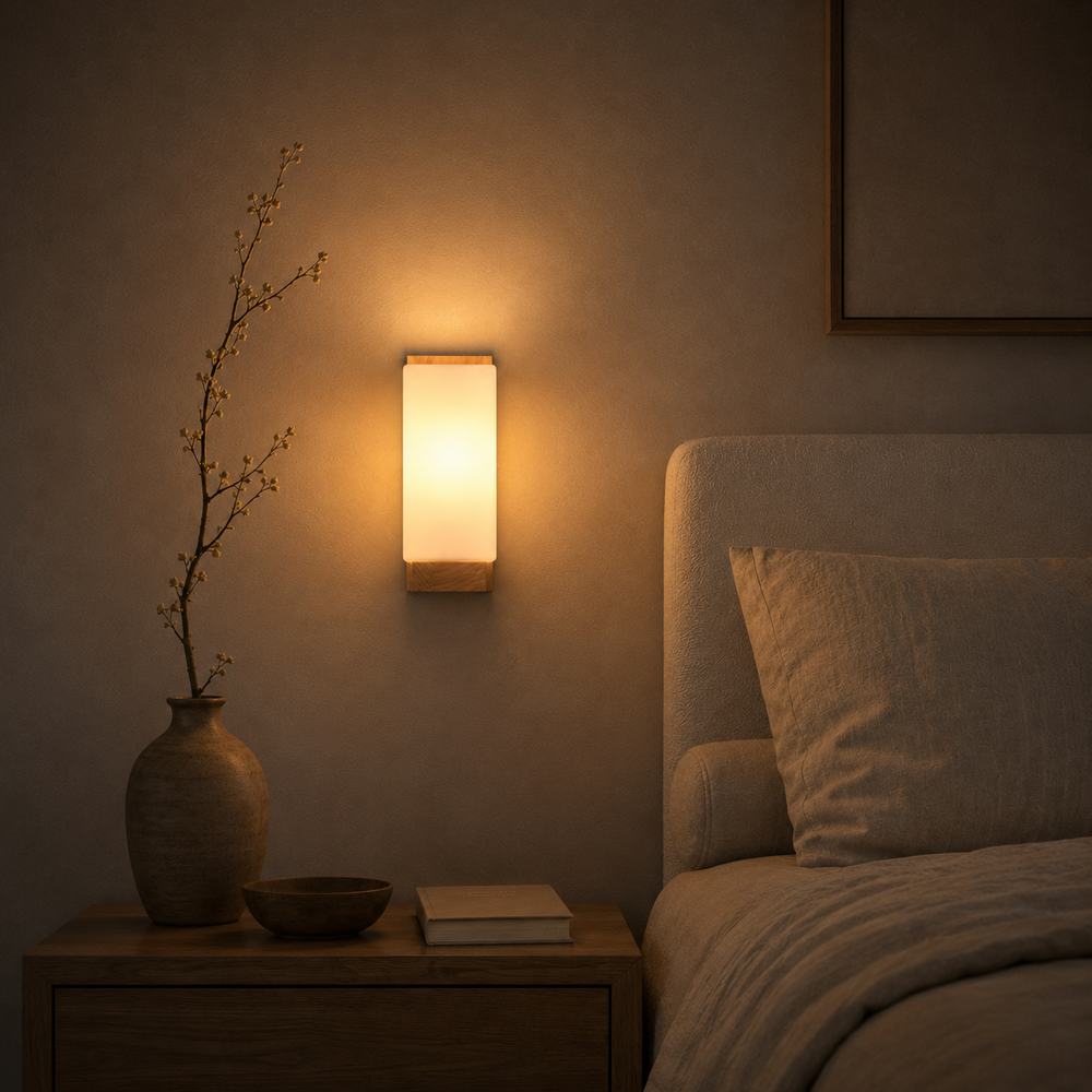 Applique murale en bois la nuit, seule source de lumière de la chambre #carre