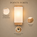 Points forts : verre blanc mat, bois massif véritable, ampoule E27 remplaçable #carre
