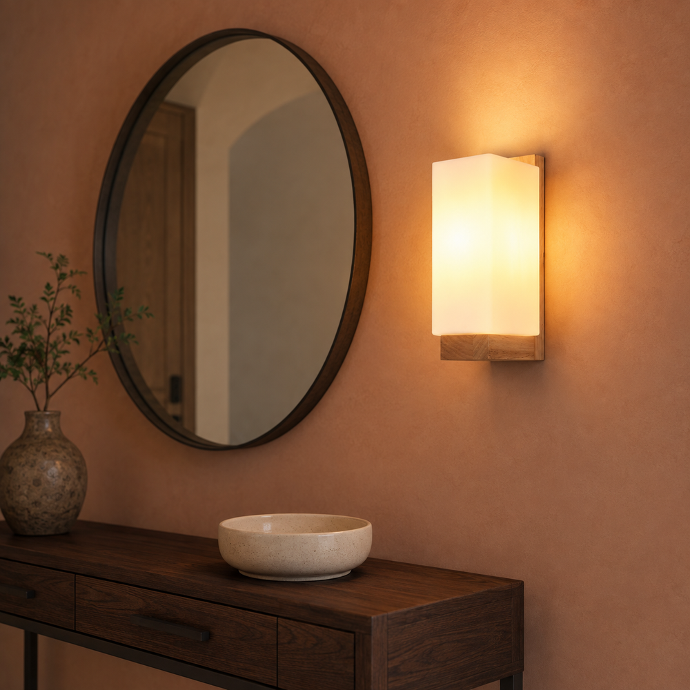 Applique en bois et verre au-dessus d'une console d'entrée avec miroir rond #carre