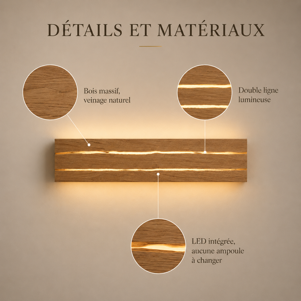 Détails et matériaux : bois massif, double ligne lumineuse, LED intégrée sans ampoule à changer #30-cm