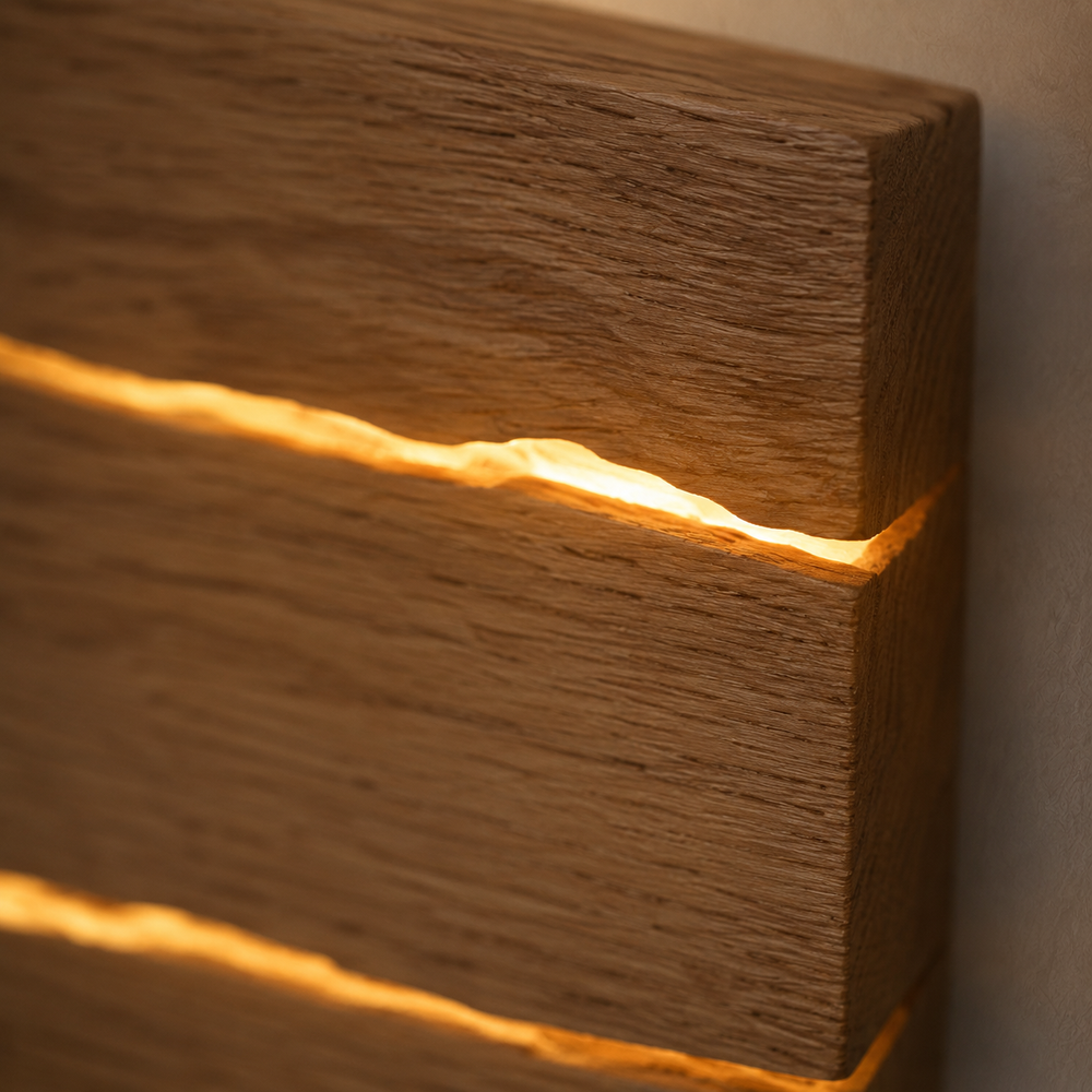 Zoom sur le grain du bois et la craquelure lumineuse #30-cm