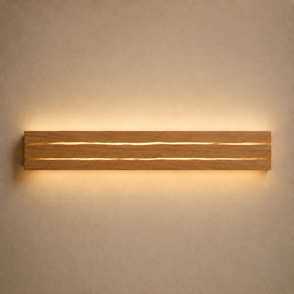 Applique LED en bois craquelé 50 cm, double ligne lumineuse, allumée #50-cm