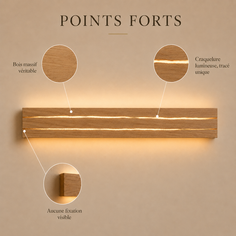 Points forts : bois massif véritable, craquelure lumineuse au tracé unique, aucune fixation visible #50-cm