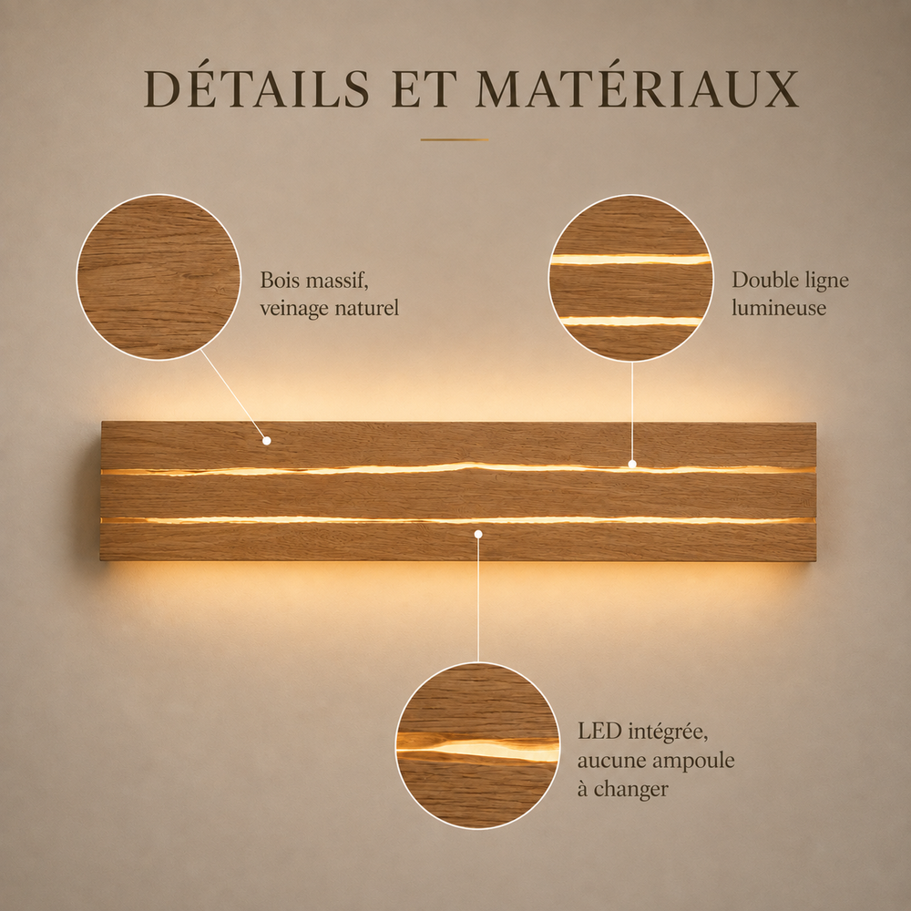 Détails et matériaux : bois massif, double ligne lumineuse, LED intégrée sans ampoule à changer #50-cm