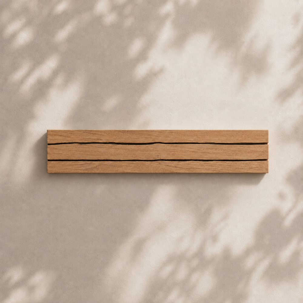 Applique en bois craquelé 50 cm éteinte en journée, ombres de feuillage sur le mur #50-cm