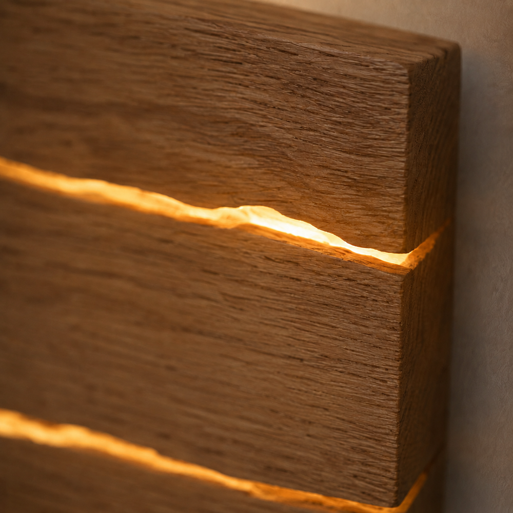 Zoom sur le grain du bois et la craquelure lumineuse #50-cm