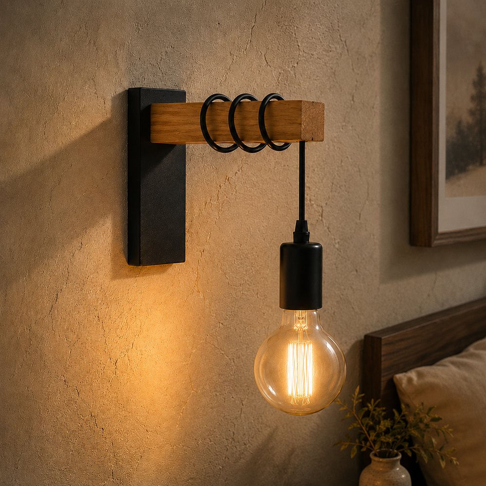 Applique retro en bois la nuit, seule source de lumiere de la chambre