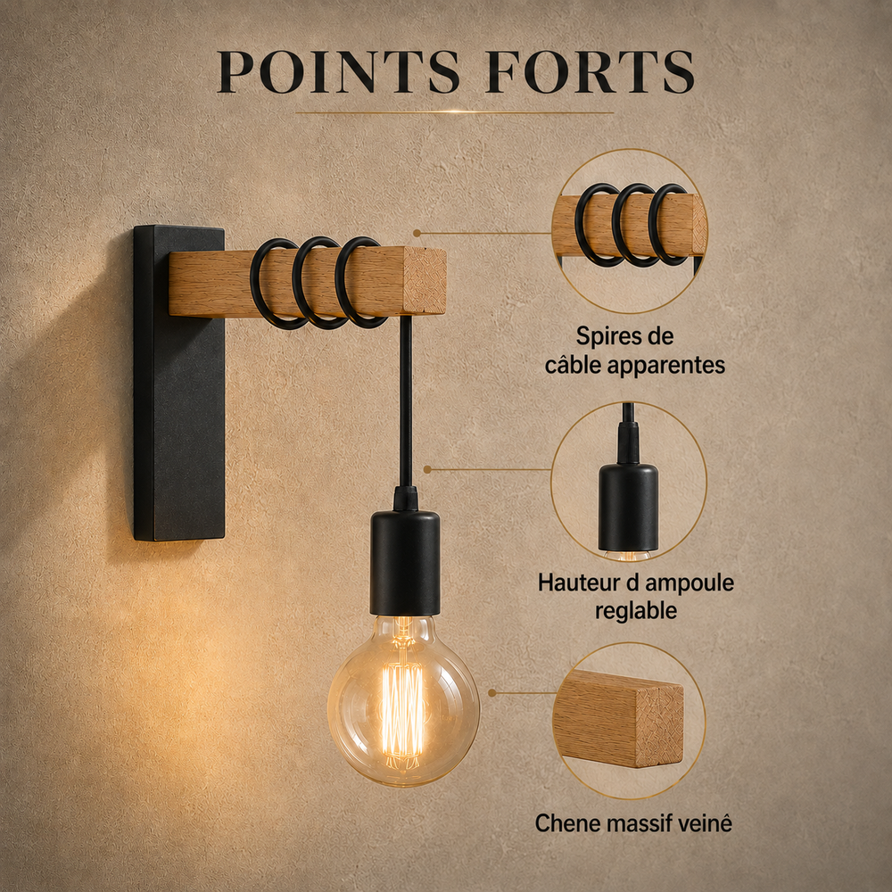 Points forts : spires de cable apparentes, hauteur d ampoule reglable, chene massif veine