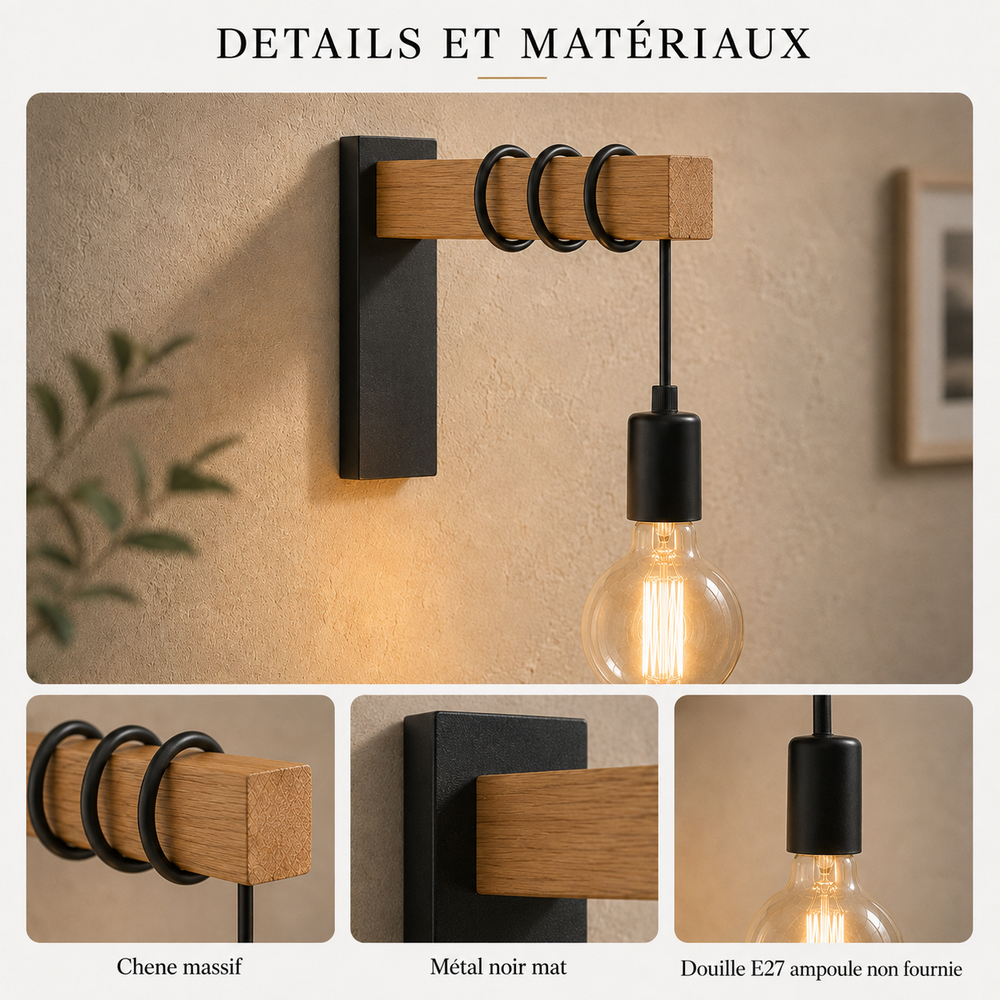 Details et materiaux : chene massif, metal noir mat, douille E27 ampoule non fournie