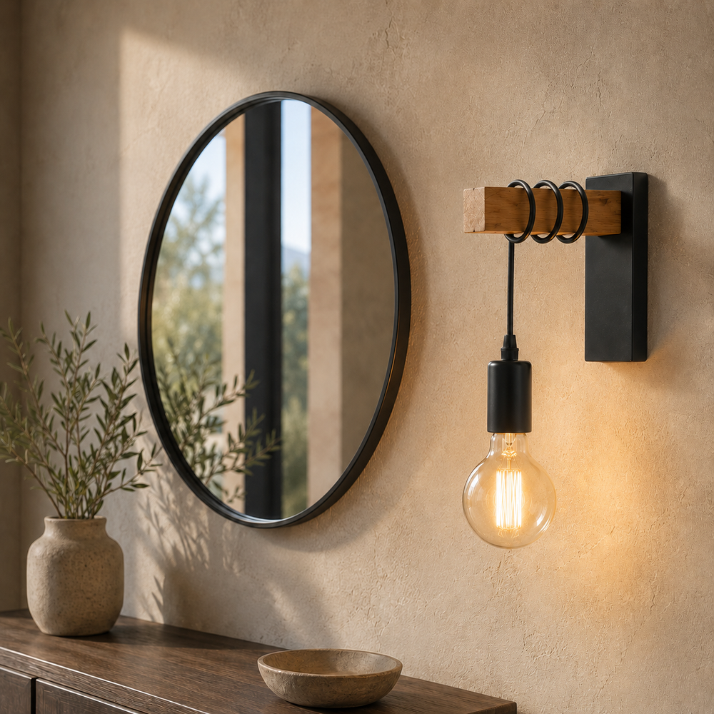 Applique retro en bois a cote d un miroir rond au-dessus d une console d entree