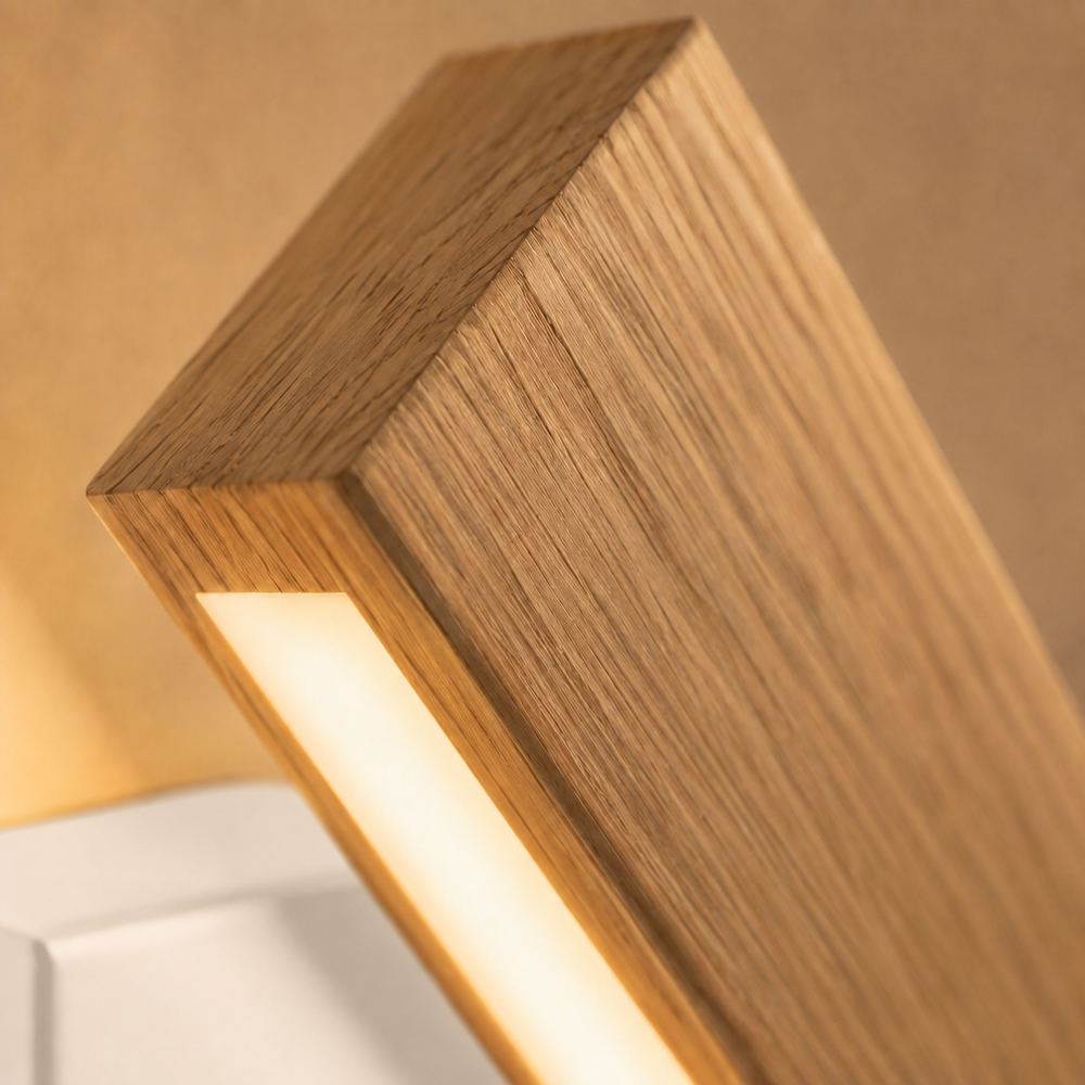 Zoom sur la barre en bois massif et le diffuseur acrylique allumé #blanc #21-cm