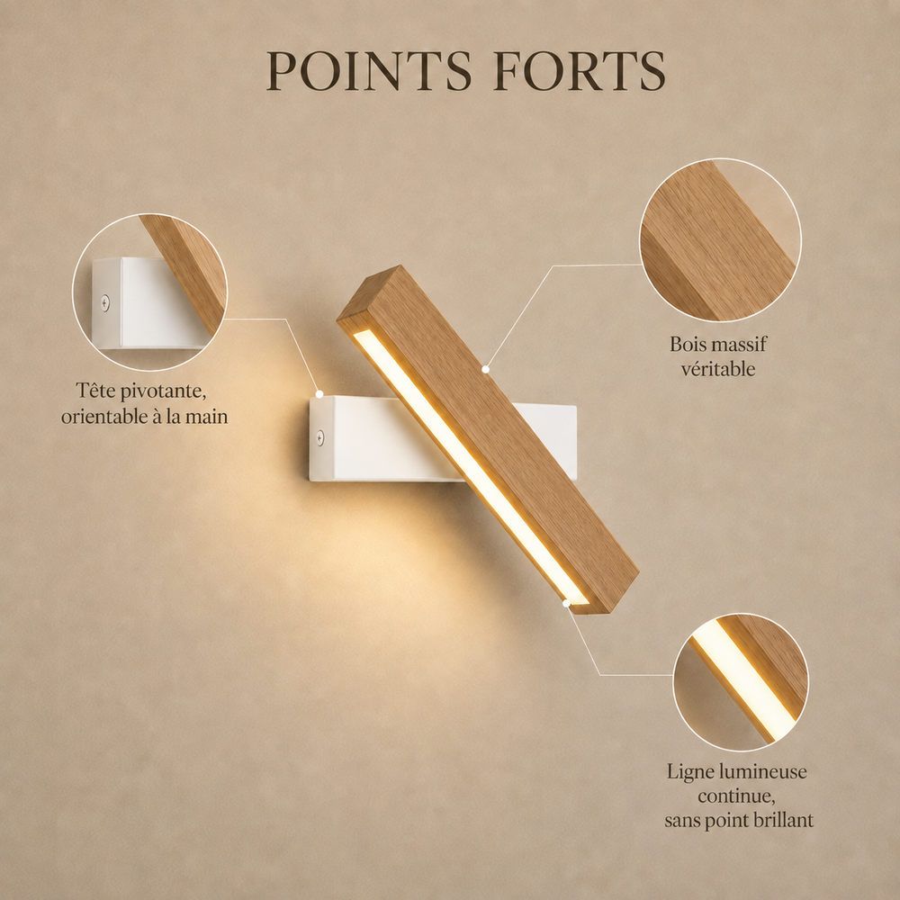 Points forts : tête pivotante, bois massif véritable, ligne lumineuse continue #blanc #31-cm