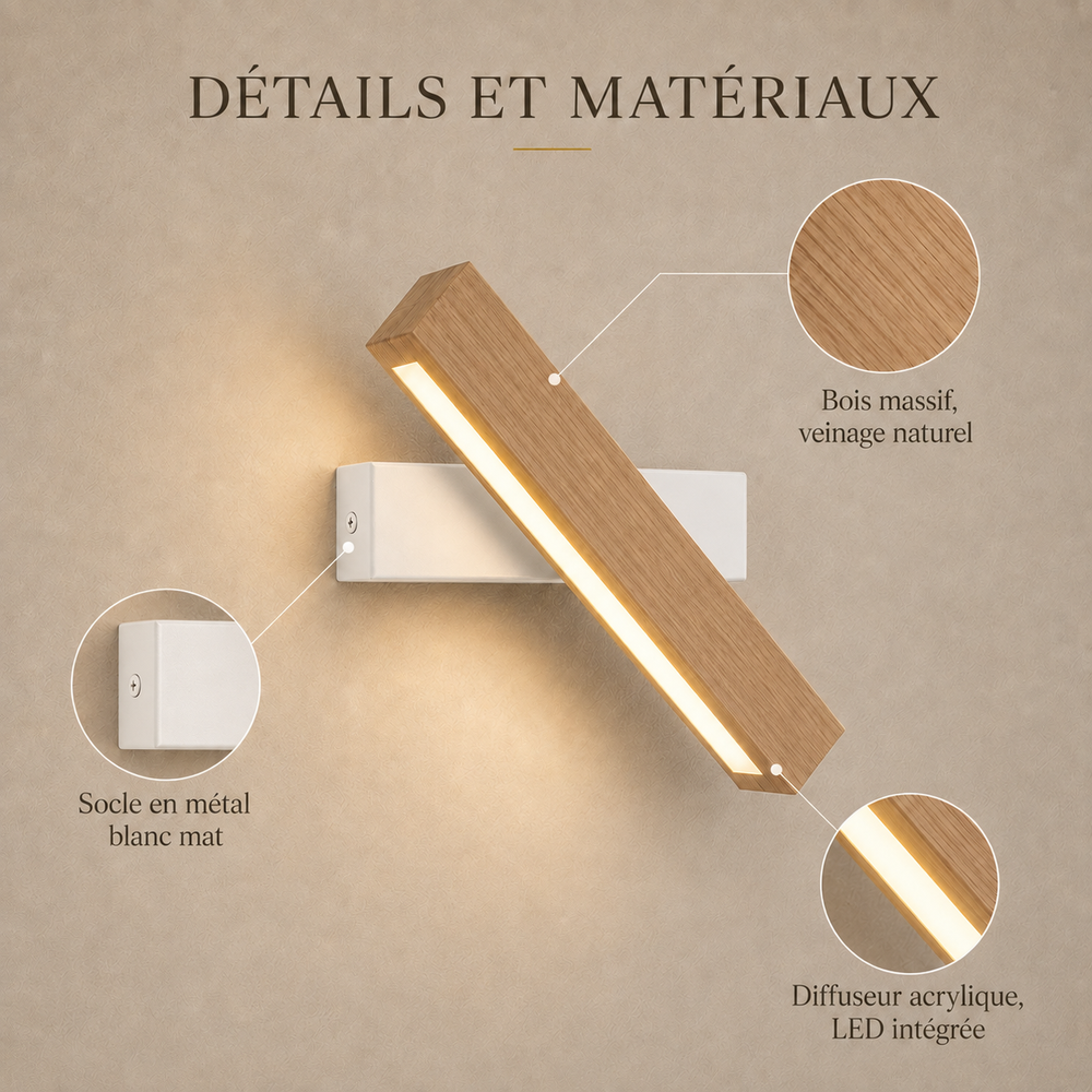 Détails et matériaux : bois massif, socle métal blanc mat, diffuseur acrylique LED intégrée #blanc #21-cm