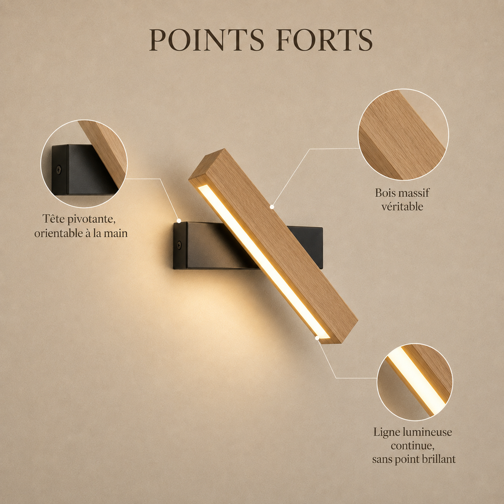 Points forts : tête pivotante, bois massif véritable, ligne lumineuse continue #noir #31-cm