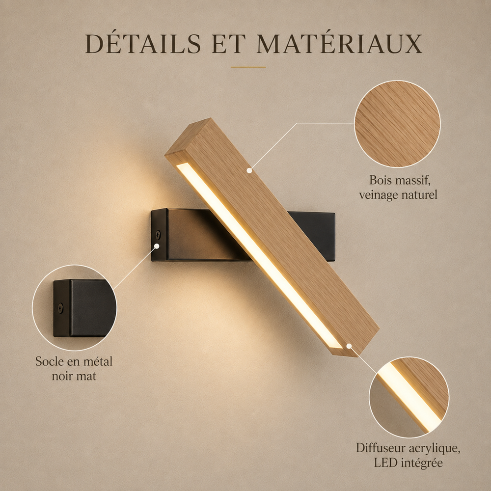 Détails et matériaux : bois massif, socle métal noir mat, diffuseur acrylique LED intégrée #noir #31-cm