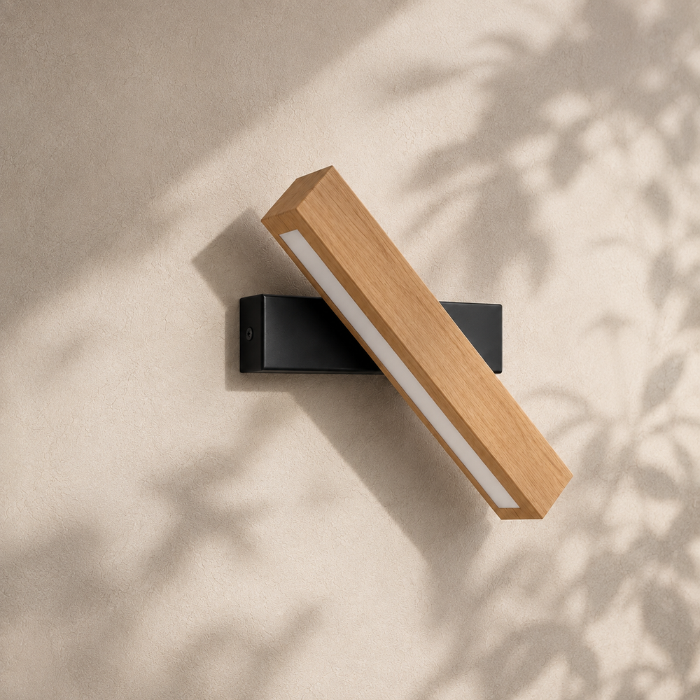 Applique bois pivotante éteinte en journée, ombres de feuillage sur le mur #noir #31-cm
