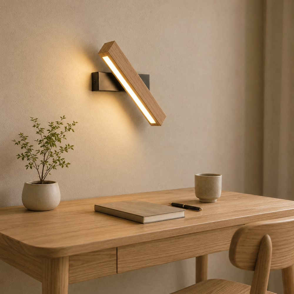 Applique bois pivotante au-dessus d'un bureau en bois clair #noir #21-cm