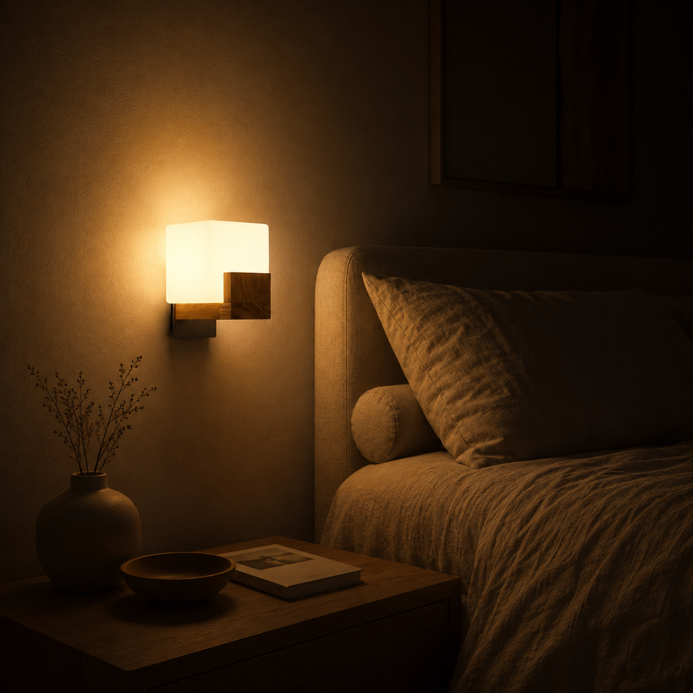 Applique cube la nuit, seule source de lumière de la chambre