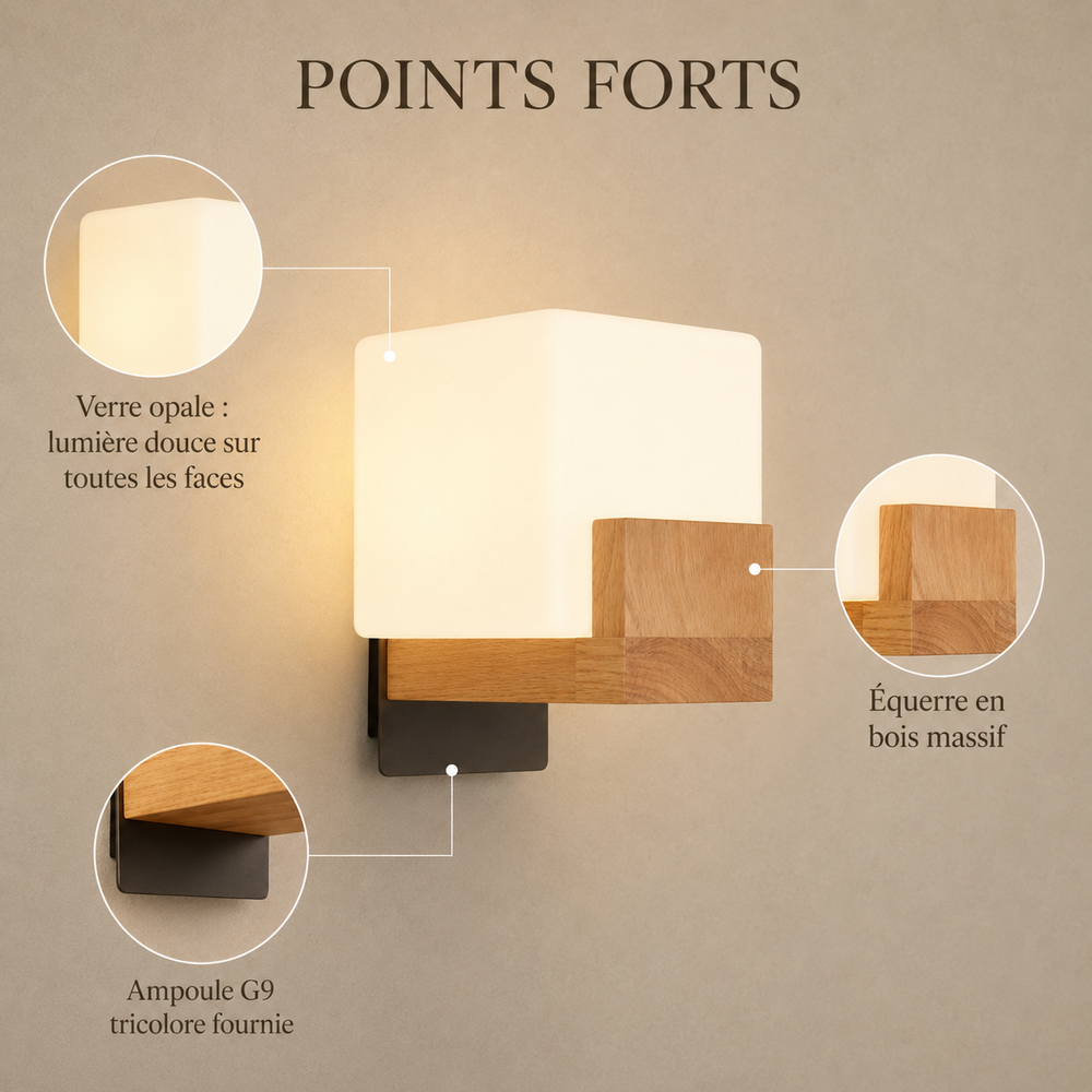 Points forts : verre opale diffusant sur toutes les faces, équerre en bois massif, ampoule G9 tricolore fournie