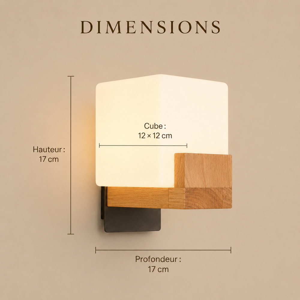 Dimensions : cube 12 × 12 cm, hauteur 17 cm, profondeur 17 cm