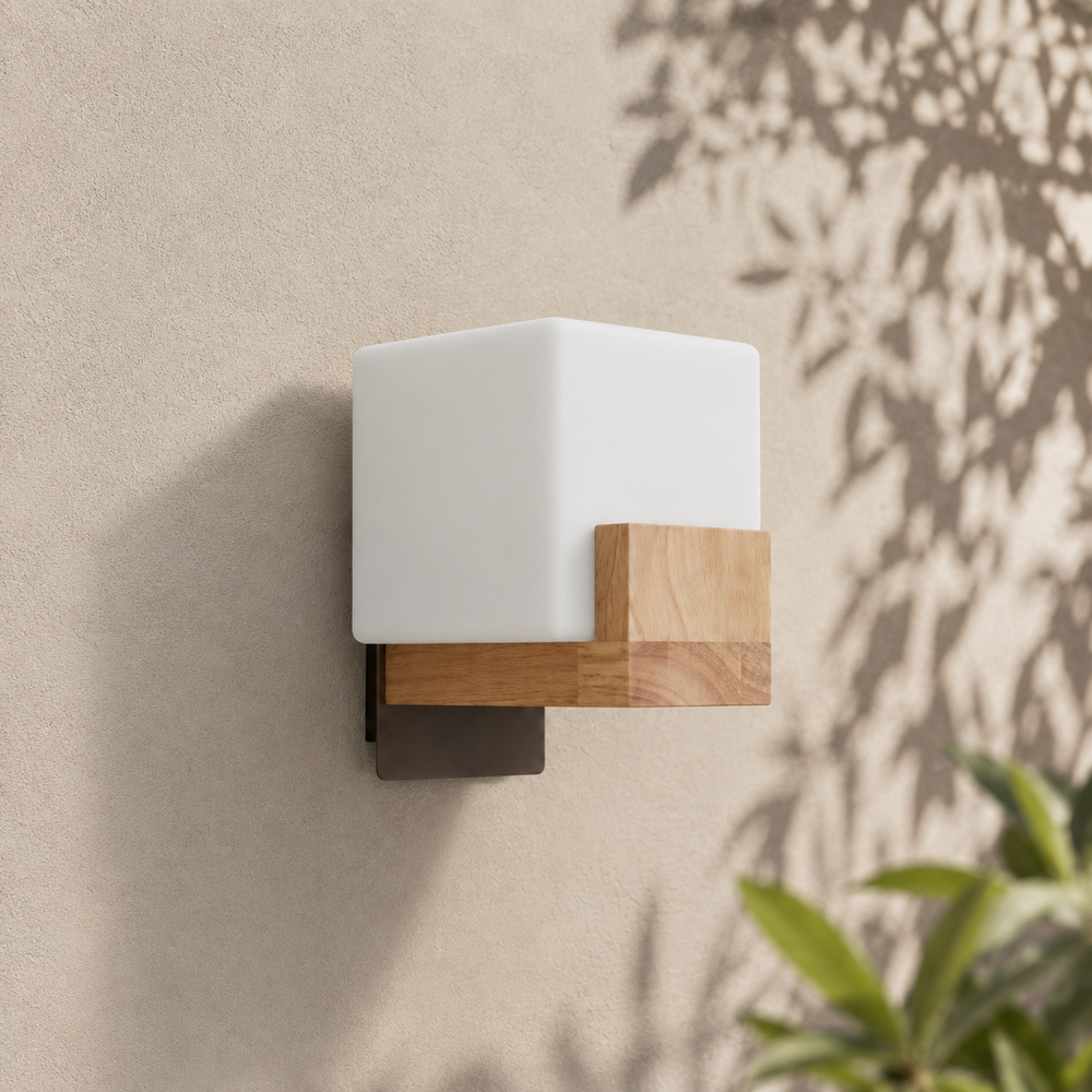 Applique cube éteinte en journée, ombres de feuillage sur le mur