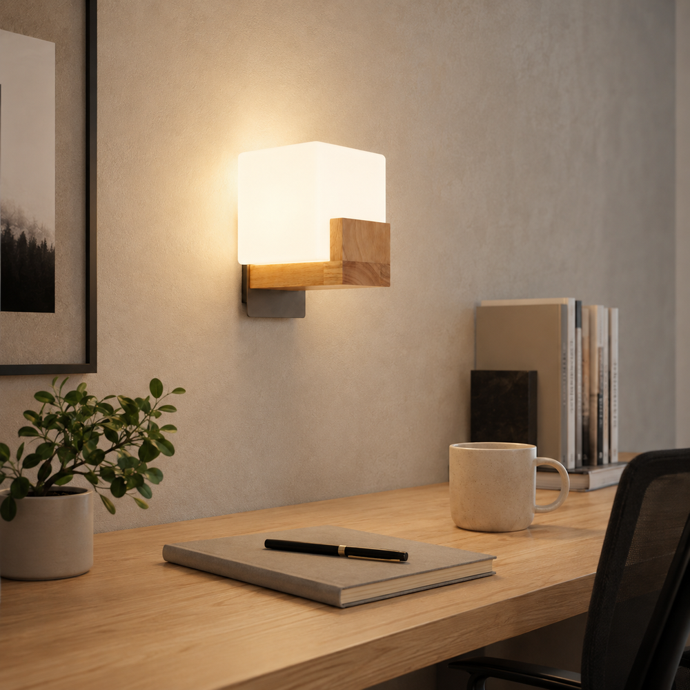 Applique cube allumée au-dessus d'un bureau en bois clair