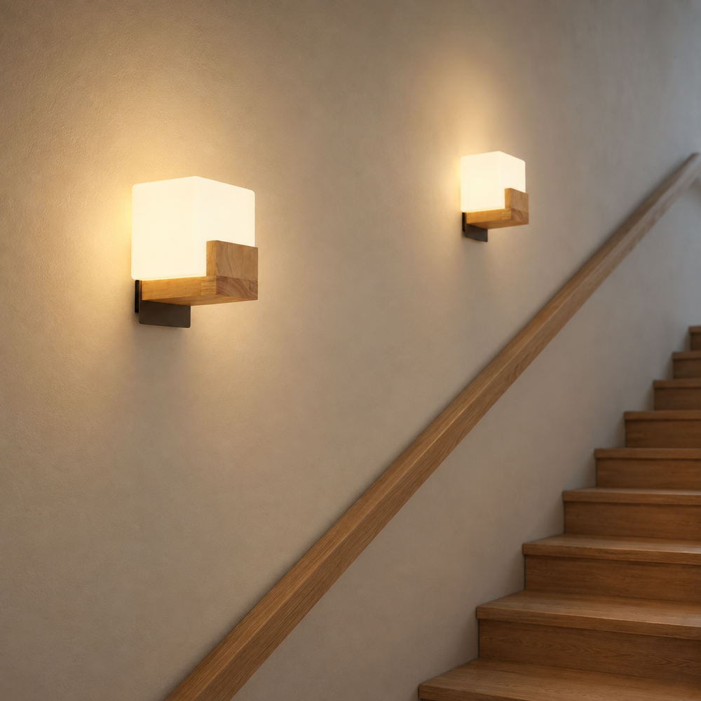 Deux appliques cubes éclairant une montée d'escalier en chêne