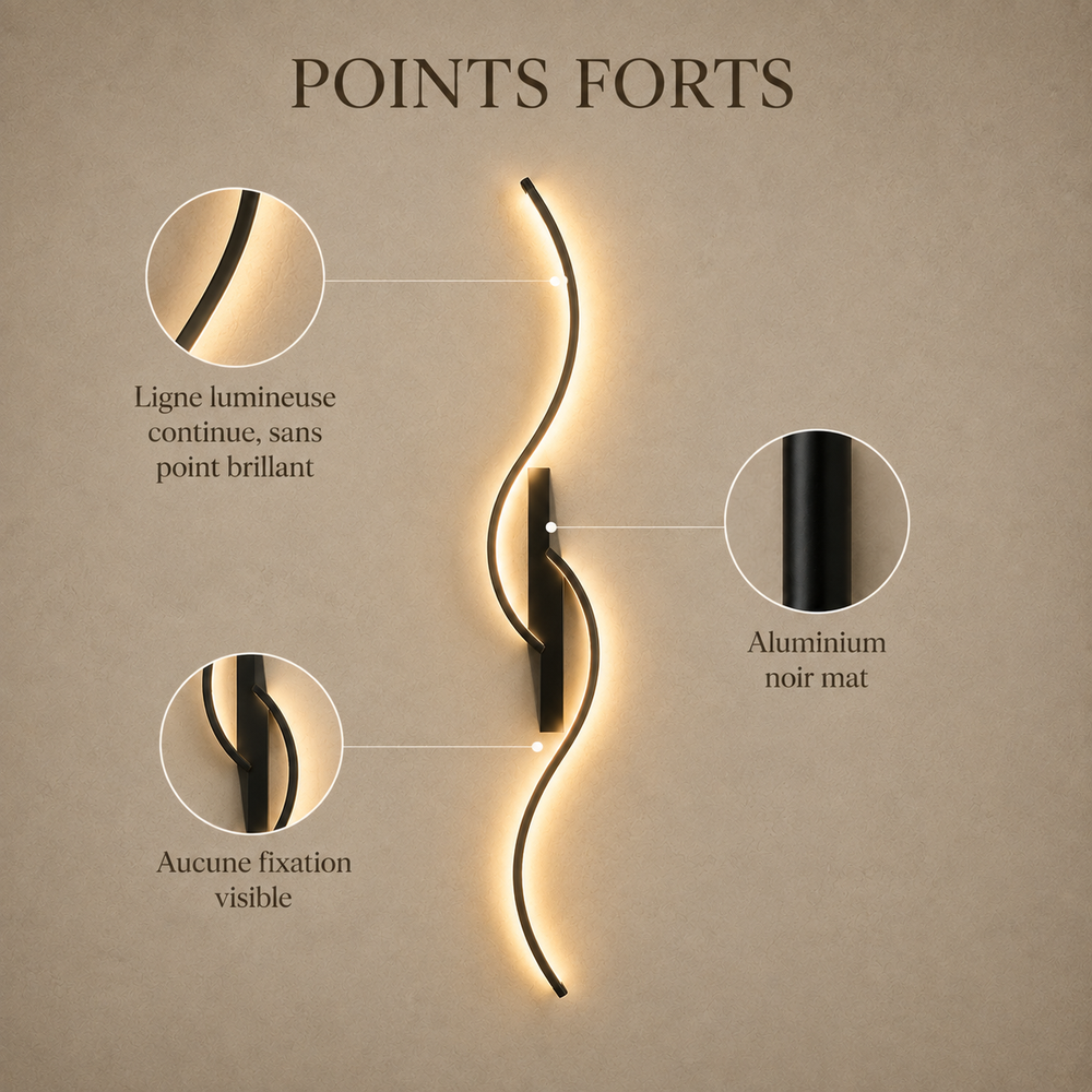 Points forts : ligne lumineuse continue, aluminium noir mat, aucune fixation visible #60-cm #noir