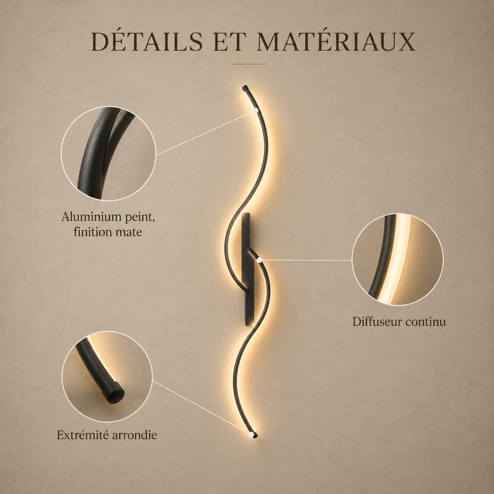Détails et matériaux : aluminium peint, diffuseur continu, extrémité arrondie #80-cm #noir