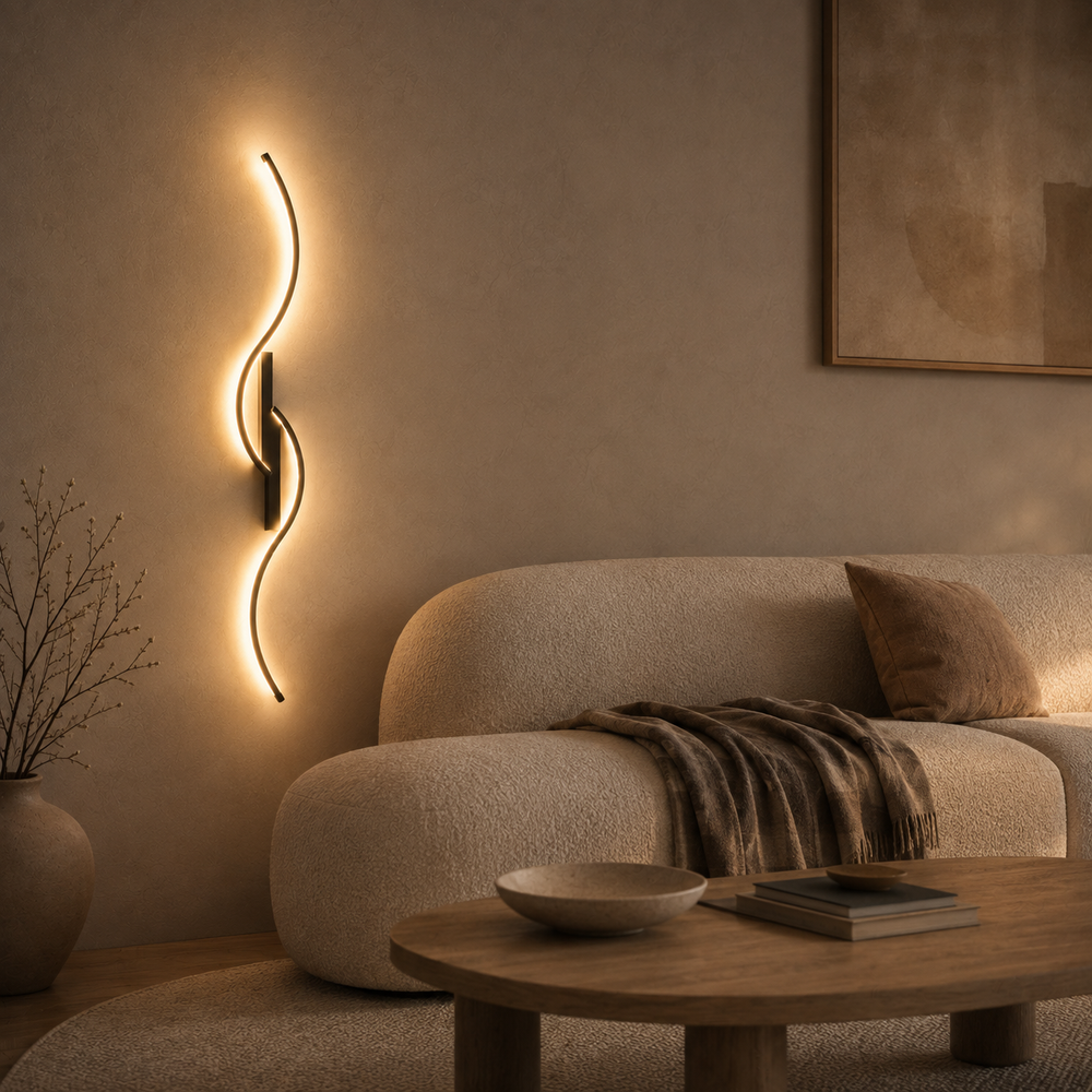 Applique LED ondulée dans un salon, derrière un canapé en bouclé #100-cm #noir