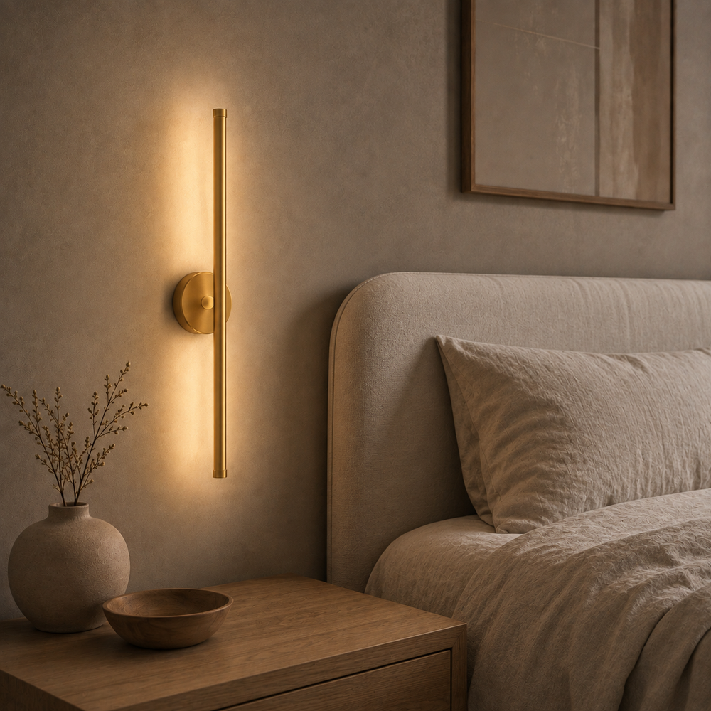 Applique LED ondulée dorée 80 cm au-dessus d'une table de chevet #80-cm #or