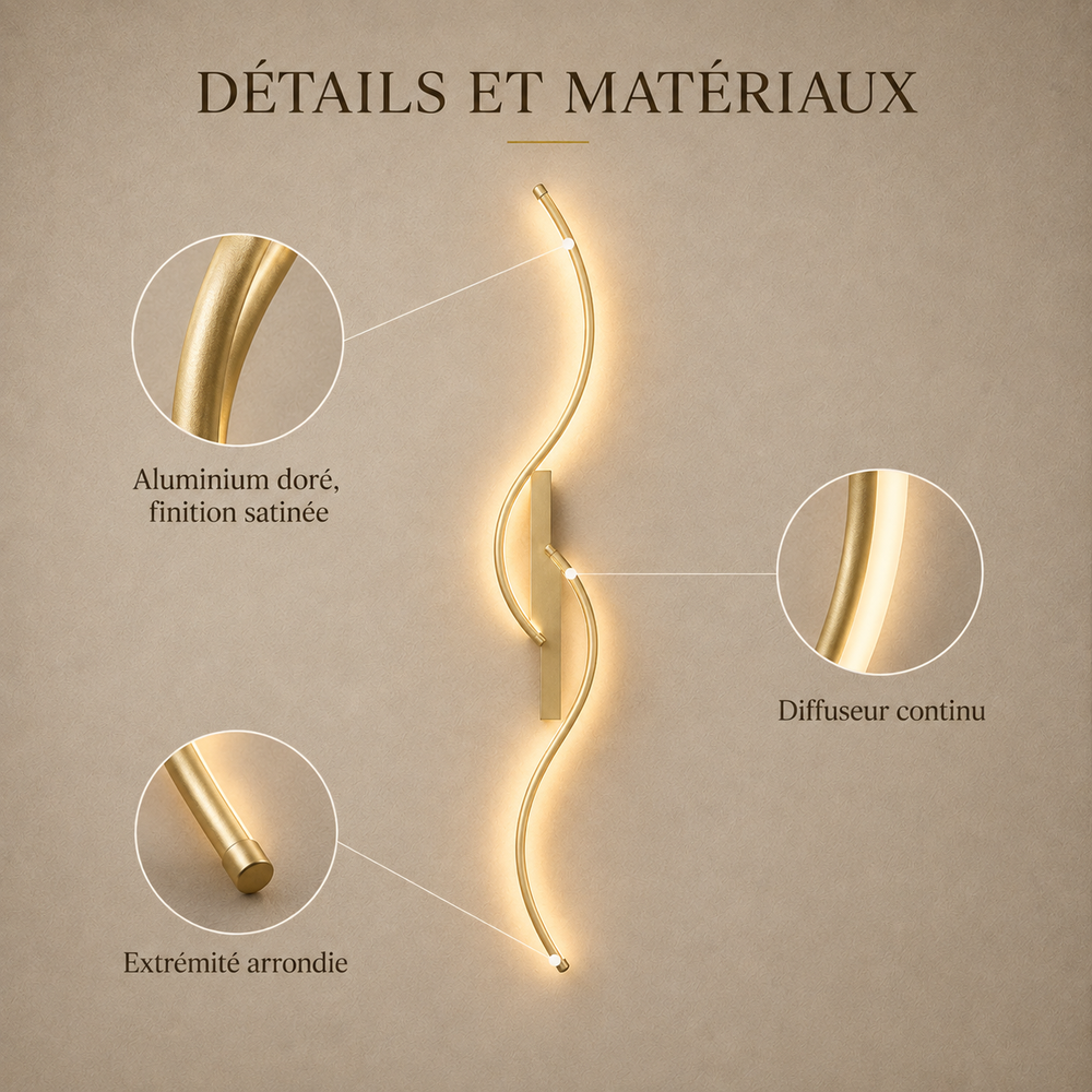 Détails et matériaux : aluminium doré satiné, diffuseur continu, extrémité arrondie #80-cm #or