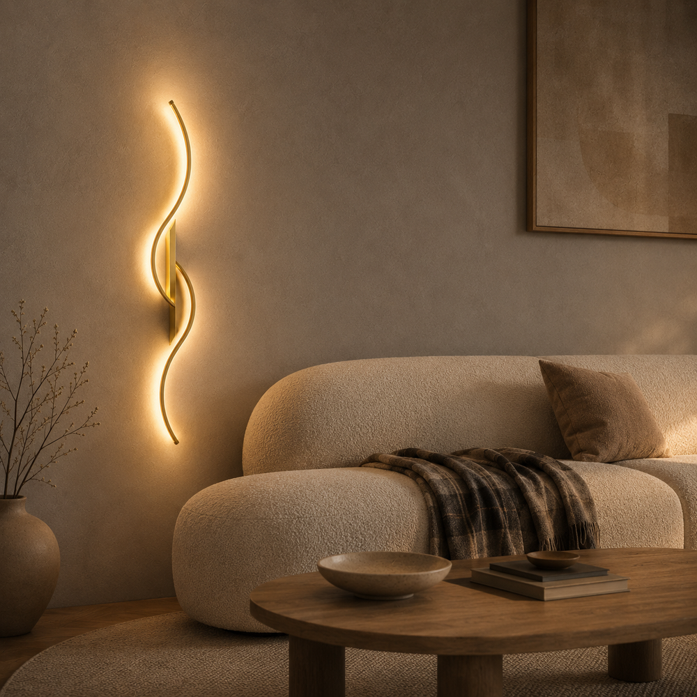 Applique LED ondulée dorée dans un salon, derrière un canapé en bouclé #60-cm #or