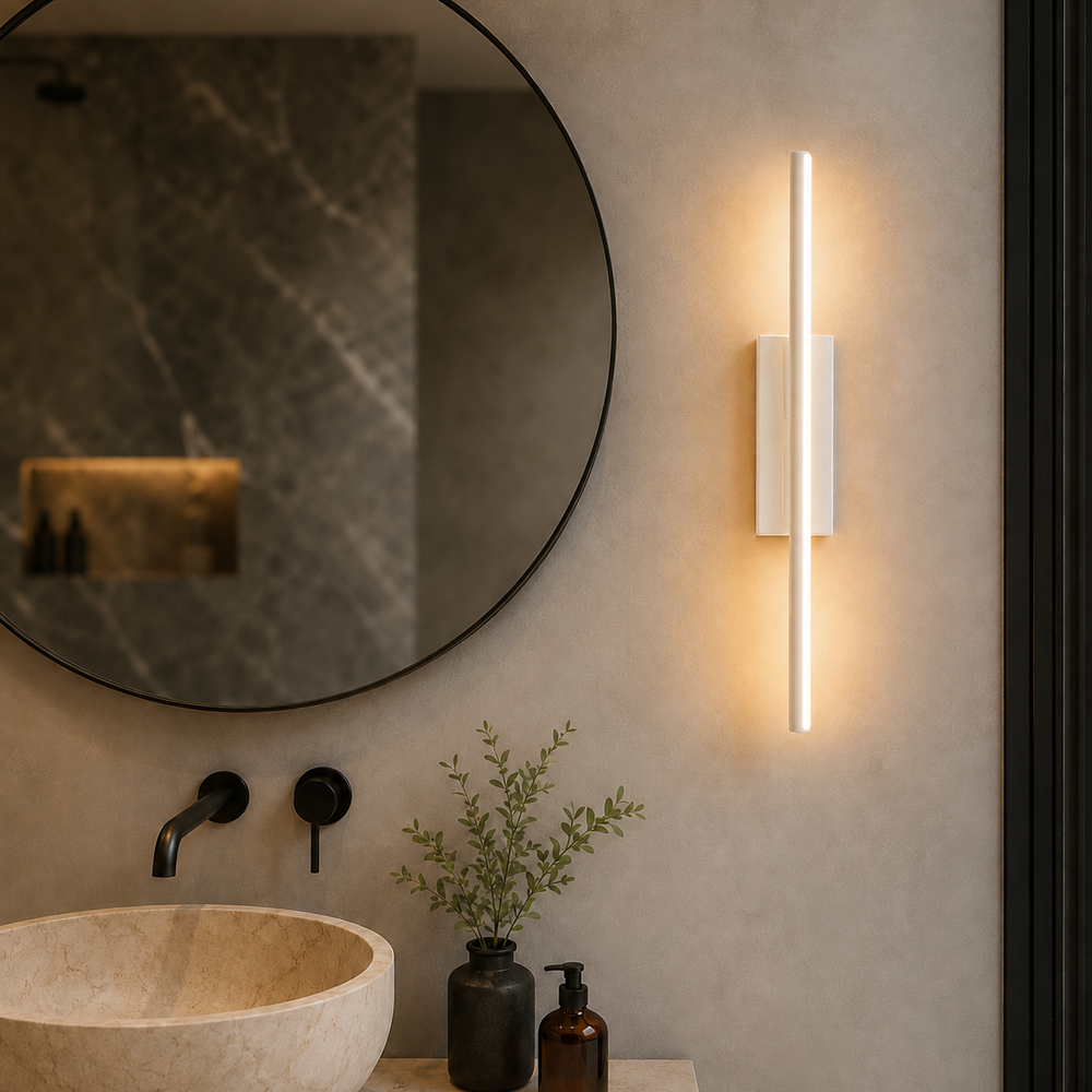 Applique blanche pres d un miroir de salle d eau #blanc