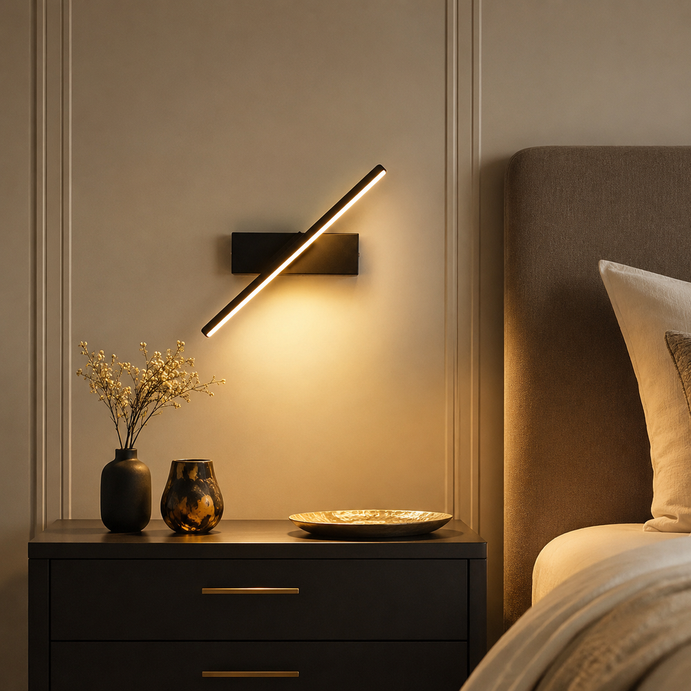 Applique pivotante noire au-dessus d une table de chevet #noir