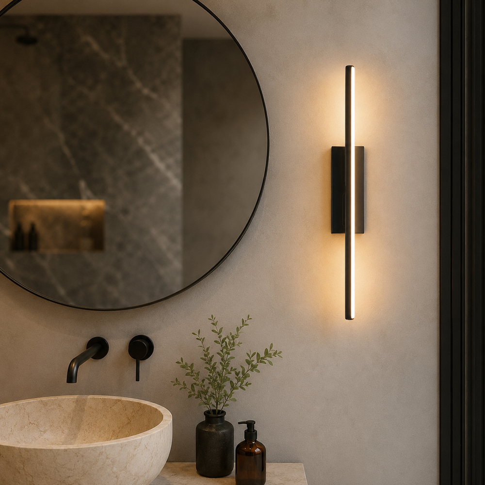 Applique noire pres d un miroir de salle d eau #noir