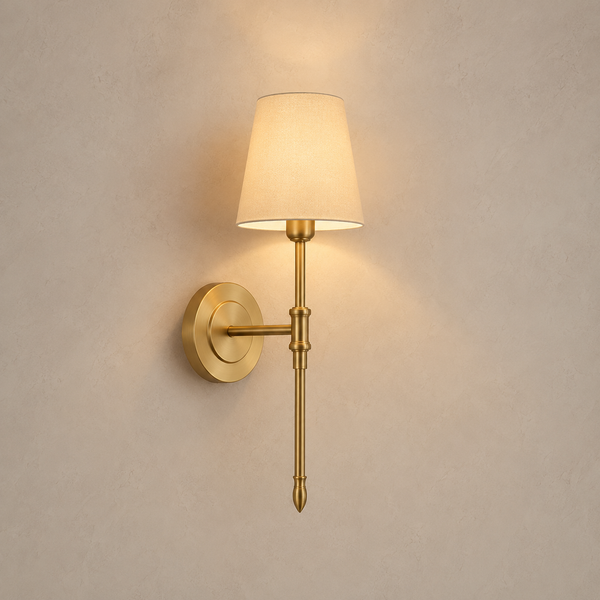 Applique murale chambre abat-jour tissu doré, style campagne