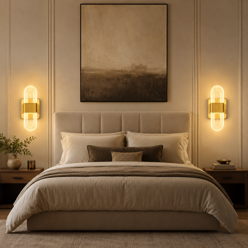 Deux appliques dorees de part et d autre du lit #dore