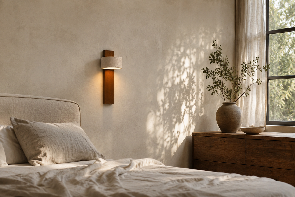 Chambre en lin et bois brut éclairée en fin de journée, applique en travertin et noyer allumée en haut du mur