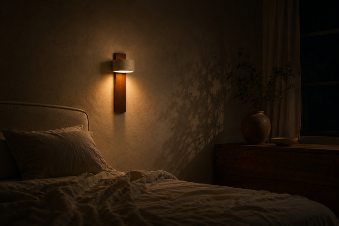 Chambre dans le noir, halo chaud et ombres portées projetés sur le mur par l'applique, seule source allumée