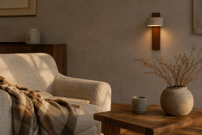 Coin de pièce habité, fauteuil en lin et céramique, applique en travertin et noyer allumée en arrière-plan