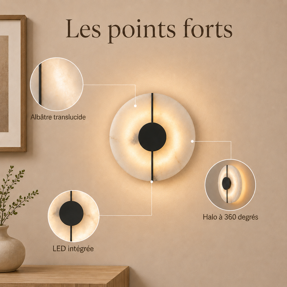 Points forts de l'applique en albâtre finition noire : albâtre translucide, halo à 360 degrés, LED intégrée #noir