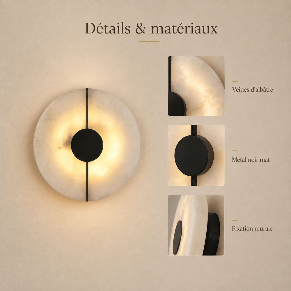 Détails et matériaux : veines d'albâtre, métal noir mat, fixation murale #noir